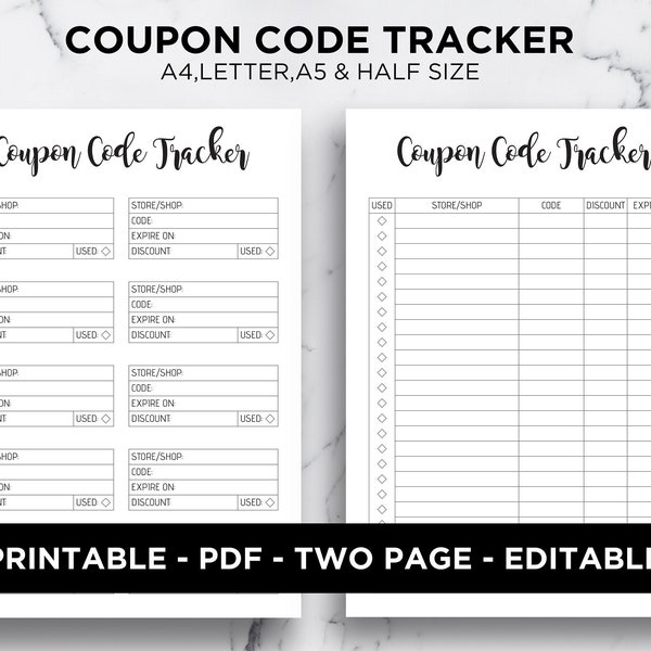 Gutschein-Code Tracker Gutschein Veranstalter Rabatt Tracker Shop Gutschein Shopping Coupon Organizer editierbar A5 A4 Brief Halbgröße PDF druckbare