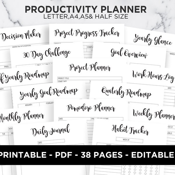 Productivity Planner Success Planner Productivity Pack Goal Planner Daily Weekly Monthly Editable A5 A4 Letter Half Size PDF Printable