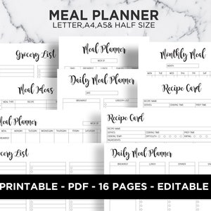 Planificateur de repas hebdomadaire Planificateur de repas Planificateur de menu Planificateur de recettes Organisateur de livres de recettes DIY Modifiable A5 A4 Lettre Demi-taille PDF Imprimable