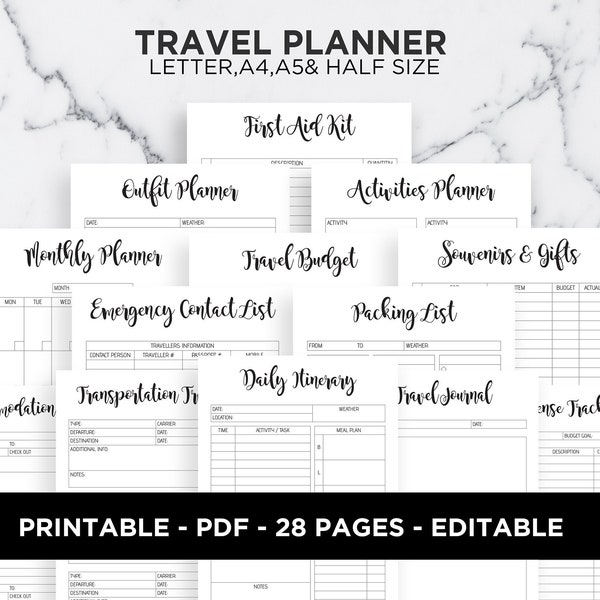 Travel Planner Vacation Planner Travel Journal Travel Organizer Travel Budget Journey Roadmap Editable A5 A4 Letter Half Size PDF Printable