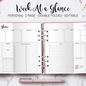 Week at a Glance Weekly Planner Undated Weekly Layout Agenda Foldout Insert Filofax Personal Size Folded Editable PDF Printable Insert