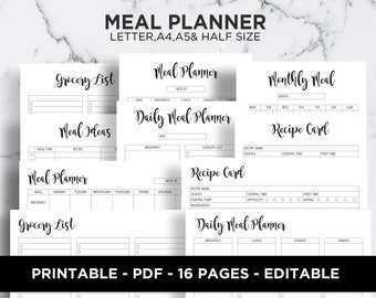 Weekly Meal Planner Printable: Recipe Organizer, A4/A5/Letter Size (PDF)