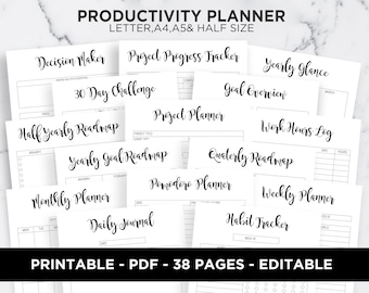 Productivity Planner Success Planner Productivity Pack Goal Planner Daily Weekly Monthly Editable A5 A4 Letter Half Size PDF Printable