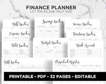 Financial Planner Finance Journal Planner Expense Tracker Monthly Budget Planner Bill Tracker Editable A5 A4 Letter Half Size PDF Printable