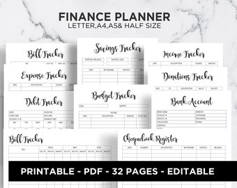 Financial Planner Finance Journal Planner Expense Tracker Monthly Budget Planner Bill Tracker Editable A5 A4 Letter Half Size PDF Printable