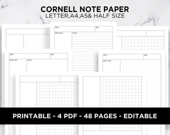 Cornell Notes Method Paper Note Taking Template Student Note Dot Grid Lined Blank Isometric Editable A5 A4 Letter Half Size PDF Printable
