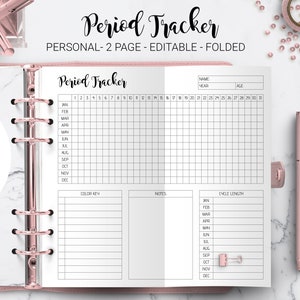 Period Tracker Menstrual Cycle Tracker Period Calendar Ovulation Tracker Foldout Filofax Personal Size Folded Editable PDF Printable Insert