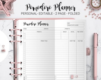 Pomodoro Planner Productivity Planner Success Time Log Business Planner Foldout Filofax Personal Size Folded Editable PDF Printable Insert