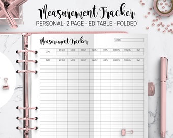 Body Measurement Tracker Slimming Progress Health Tracker Weight Log BMI Foldout Filofax Personal Size Folded Editable PDF Printable Insert