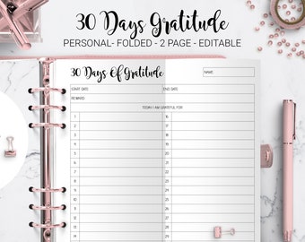 30 Day Gratitude Challenge Gratitude Journal Gratitude Tracker Planner Foldout Filofax Personal Size Folded Editable PDF Printable Insert