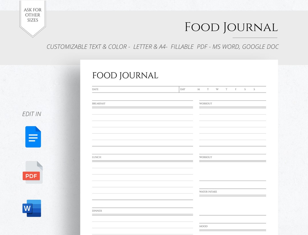 EDITABLE Daily Food Diary Printable Daily Food Journal Minimalist Daily ...