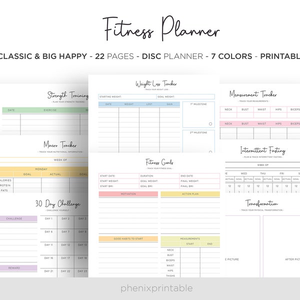 Fitness Planner Weight Loss Calorie Tracker Workout Log 30 Day Mambi Classic HP Big Happy Planner PDF Printable Inserts