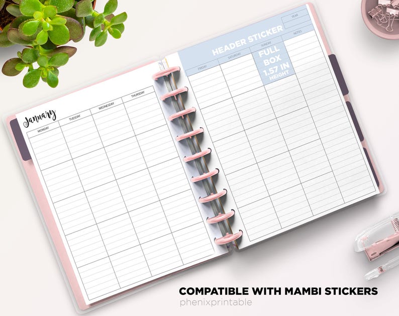 May include: An open disc-bound planner with white pages featuring a weekly layout for January. The right page includes a light blue header section labeled HEADER STICKER and a box labeled FULL BOX 1.57 IN HEIGHT. The binding consists of pink discs.