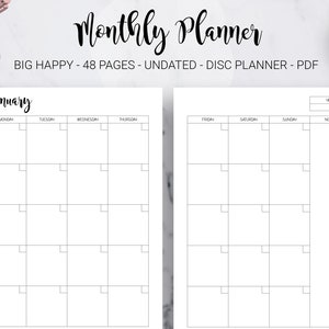 Monthly Planner Undated Month on Two Pages Monthly Calendar Inserts Journal Mambi Big Happy Planner HP Editable PDF Printable Inserts