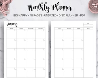 Monthly Planner Undated Month on Two Pages Monthly Calendar Inserts Journal Mambi Big Happy Planner HP Editable PDF Printable Inserts