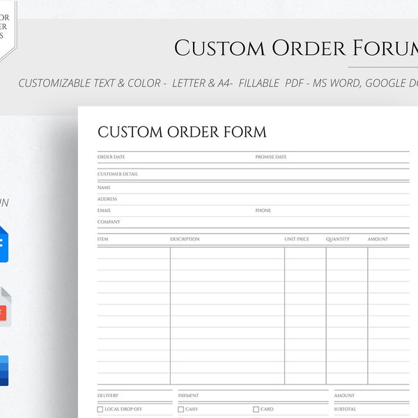 EDITIERBARE kundenspezifisches Bestellformular Kaufauftragsformularvorlage Druckbares Handwerksauftragsformular für Small Business A4 Letter Fillable PDF Word DOCS