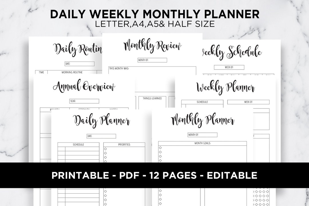 Daily Weekly Monthly Planner Daily Routine Editable A5 A4 Letter Half ...