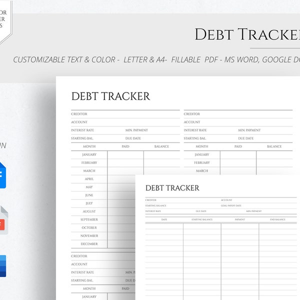 EDITABLE WORD Debt Payment Tracker Debt Tracker Printable Debt Snowball Tracker Debt Payoff Log Money Budget Planner A4 Letter Fillable PDF