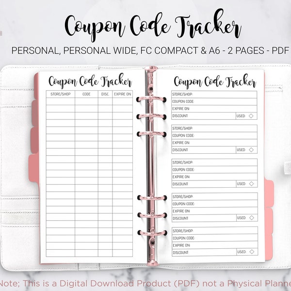 Coupon Code Tracker Organizer Rabatt Tracker Shop Shopping Coupon Organizer Filofax Personal Wide A6 FC Compact PDF Druckbare Einlagen