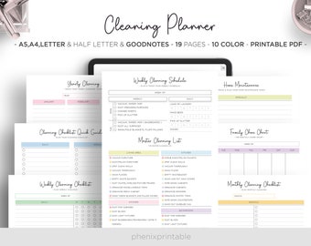 May include: A printable cleaning planner with 19 pages in 10 colors. The planner includes a yearly cleaning schedule, weekly cleaning checklist, master cleaning list, home maintenance checklist, family chore chart, and monthly cleaning checklist. The planner is available in A5, A4, Letter, and Half Letter sizes.