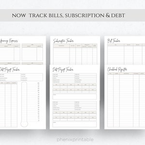 Op de afbeelding: Printbare budgettrackerpagina's met koppen voor komende uitgaven, abonnementen, rekeningen, schuldaflossing en chequeboekregister. De pagina's zijn wit met zwarte tekst en lijnen.