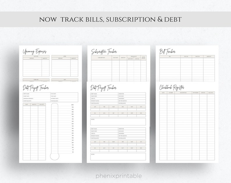 Op de afbeelding: Printbare budgettrackerpagina's met koppen voor komende uitgaven, abonnementen, rekeningen, schuldaflossing en chequeboekregister. De pagina's zijn wit met zwarte tekst en lijnen.