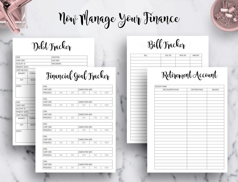 May include: A printable financial tracker with sections for debt, bills, financial goals, and retirement accounts. The tracker is designed to help people manage their finances.