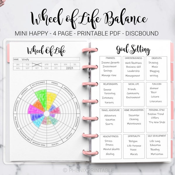 Wheel of Life Balance Objectif Planner Life Management Self Improvement Mini Mambi Happy Planner Discbound HP Mini Planner PDF Édition imprimable