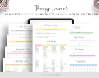 Therapy Journal Anxiety Journal Wellness Planner Mental Health Journal Goodnotes iPad Planner A5 A4 Letter Half Size PDF Printable Inserts