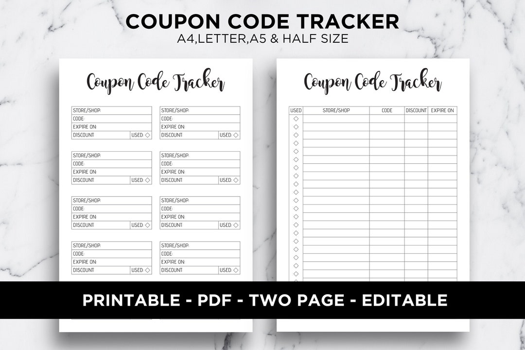 Discount Codes Tracker Printable Coupon Code Tracker Shop Discount Savings  Printable PDF A4 A5 Letter Half Letter (Download Now) 