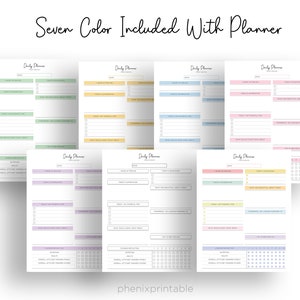 May include: Seven different colored daily planner pages. Each page has a different color background and includes sections for daily tasks, goals, and gratitude. The pages are designed for use with a planner.