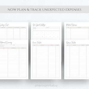 Op de afbeelding: Printbare budgetplannerpagina's met koppen voor een spaarpot, een uitgaven-uitdaging, medische uitgaven, een pensioenoverzicht, een inkomsten-tracker en een uitgaven-tracker.