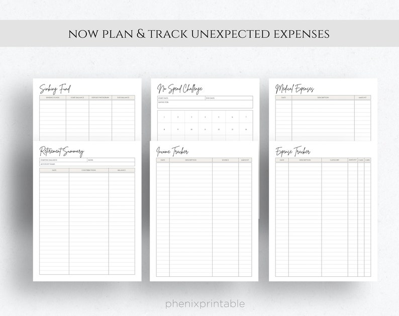 Op de afbeelding: Printbare budgetplannerpagina's met koppen voor een spaarpot, een uitgaven-uitdaging, medische uitgaven, een pensioenoverzicht, een inkomsten-tracker en een uitgaven-tracker.