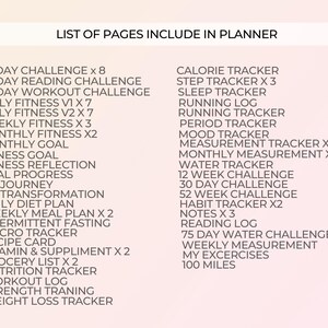 May include: A list of pages to include in a planner, with categories for fitness, health, and lifestyle tracking.  The list includes items like 75-day challenges, daily fitness logs, meal plans, and habit trackers.