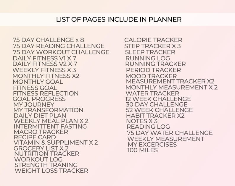 May include: A list of pages to include in a planner, with categories for fitness, health, and lifestyle tracking.  The list includes items like 75-day challenges, daily fitness logs, meal plans, and habit trackers.