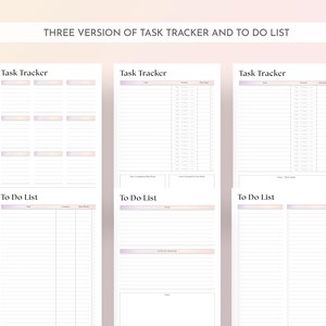 Op de afbeelding: Drie versies van een taaktracker en takenlijst worden getoond. Elke pagina is wit met een zachte roze en paarse gradi&euml;nt bovenaan. De tekst "Task Tracker" en "To Do List" staan bovenaan elke pagina.