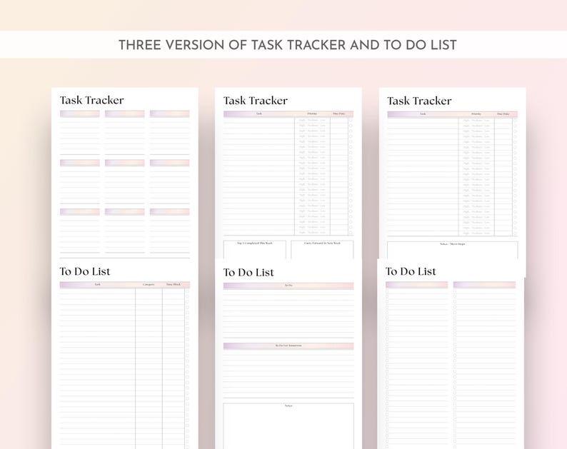 Op de afbeelding: Drie versies van een taaktracker en takenlijst worden getoond. Elke pagina is wit met een zachte roze en paarse gradi&euml;nt bovenaan. De tekst "Task Tracker" en "To Do List" staan bovenaan elke pagina.