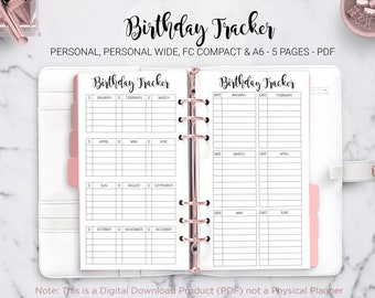 Geburtstags-Tracker Geburtstagskalender Bullet Journal Filofax Personal A6 FC Compact Personal Wide PDF Printable Inserts