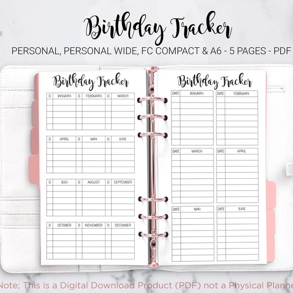 Birthday Tracker Birthday Log Anniversary Calendar Bullet Journal Filofax Personal A6 FC Compact Personal Wide PDF Printable Inserts