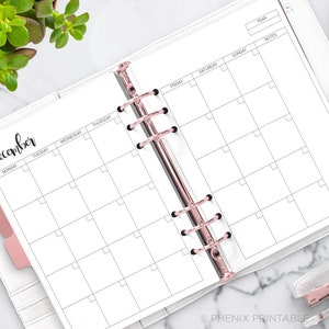 May include: A white monthly planner with a black and white grid for December. The planner has a pink tab for the month and a black and silver binder.