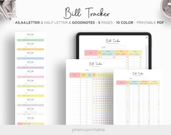 Bill Tracker Payment Organizer Yearly Monthly Bill Planner Digital Goodnotes iPad Planner A5 A4 Letter Half Size PDF Printable Inserts