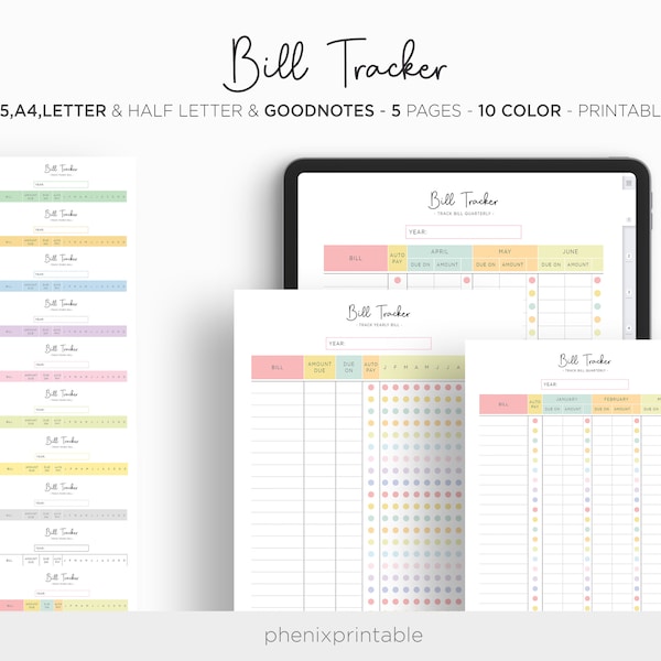 Bill Tracker Payment Organizer Jaarlijkse maandelijkse Factuur Planner Digitale Goodnotes iPad Planner A5 A4 Letter Half formaat PDF Afdrukbare Inserts