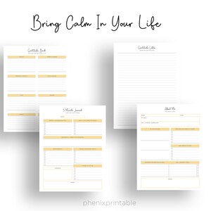 May include: Printable journal pages with a yellow and white color scheme. The pages include sections for gratitude, 5-minute journaling, and an "About Me" section.