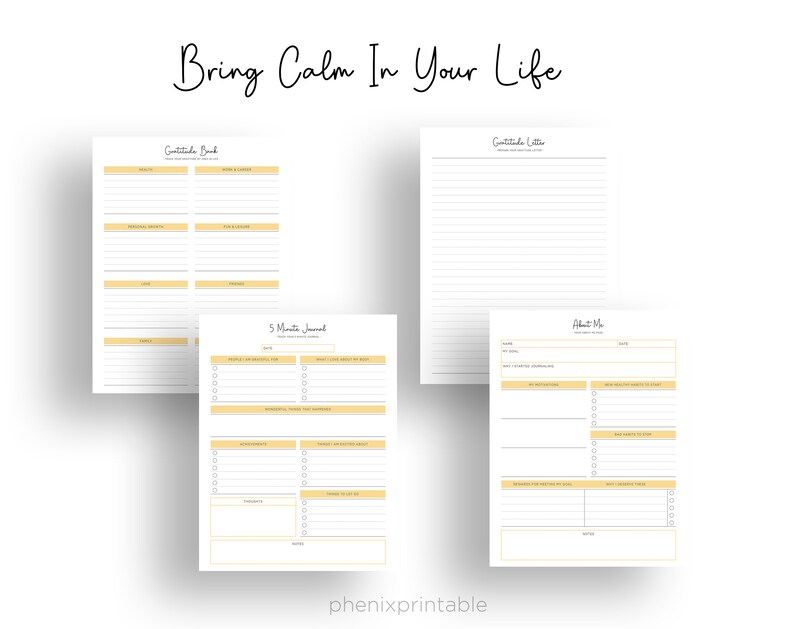 May include: Printable journal pages with a yellow and white color scheme. The pages include sections for gratitude, 5-minute journaling, and an "About Me" section.