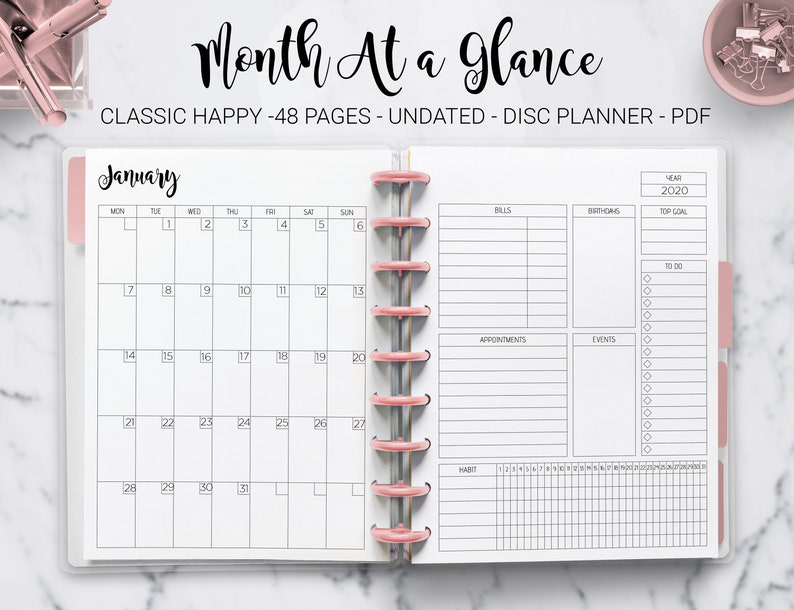 Month at a Glance Monthly Planner Undated Monthly Layout Agenda Mambi Classic Erin Condren Happy Planner HP Editable PDF Printable Inserts 