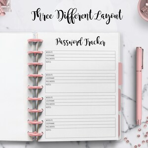 May include: A white planner with a pink binder and the text "Three Different Layout Password Tracker" on the cover. The planner has four sections for website, username, password, and notes.