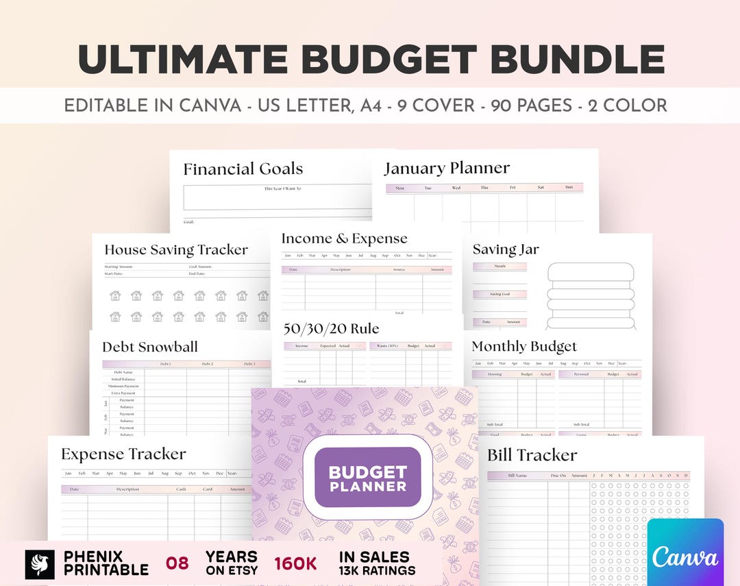 Printable Monthly Budget Planner, Bill Tracker (canva Editable, PDF) - Etsy
