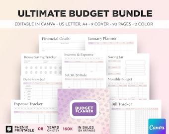 Printable Monthly Budget Planner, Bill Tracker (Canva Editable, PDF)