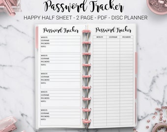 Password Tracker Log Password Organizer Password List Keeper Skinny Classic Disc Bound Half Sheet Happy Planner Mambi PDF Printable Inserts