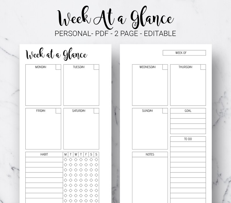 Week at a glance weekly planner undated weekly layout weekly etsy